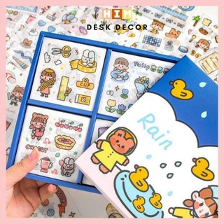 Sticker 100 tấm, Hộp quà tặng Sticker 100 tấm dán hoạt hình trang trí sổ lưu niệm dễ thương Hộp Xanh Rain