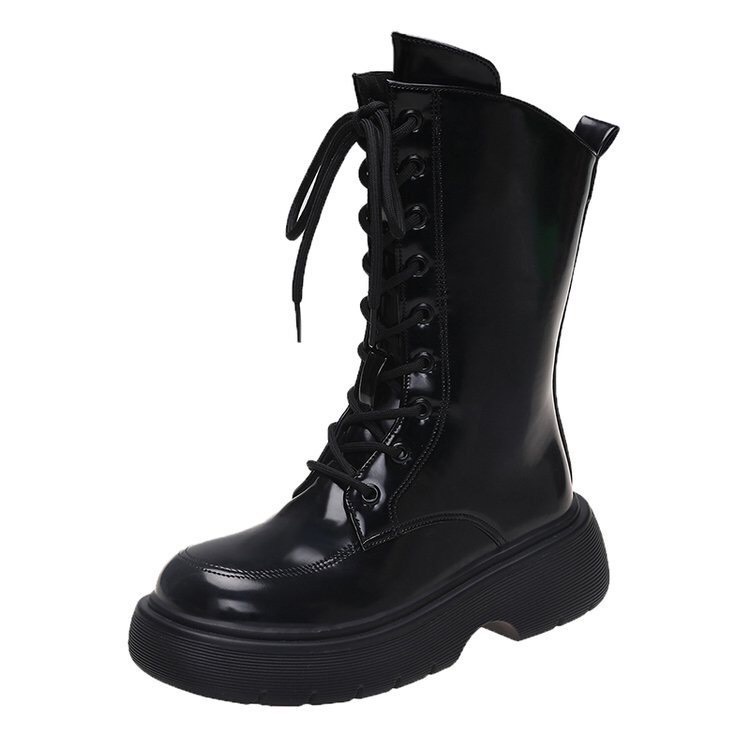 Giày Boot ulzzang bốt nữ cao cổ buộc dây kéo khóa đế cao 6cm màu đen/kem