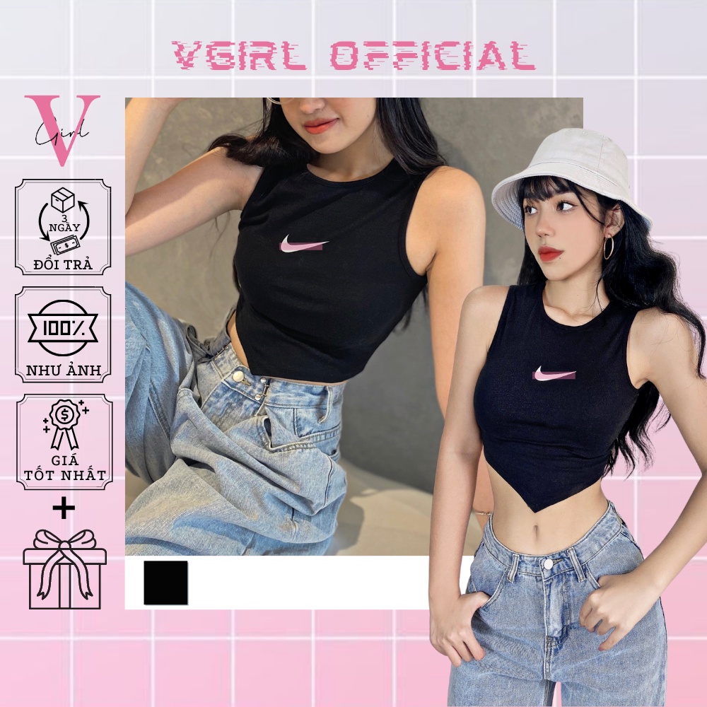 Áo croptop nữ VGIRL cổ tròn vạt tam giác có Logo PHẢN QUANG [ẢNH ĐỘC QUYỀN]