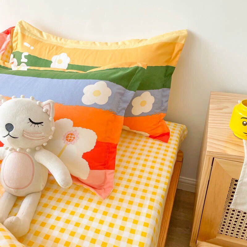 Bộ chăn ga gối poly cotton Gấu cầu vồng - Miễn phí bo chun mọi kích thước