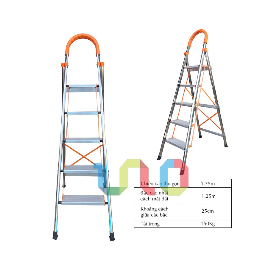 Thang Nhôm Ghế Tay Vịn 5 Bậc 1m66,Thang Ghế Nhôm Khung Inox, Bản Nhôm To-Chính Hãng Đài Loan Bảo Hành 24 Tháng