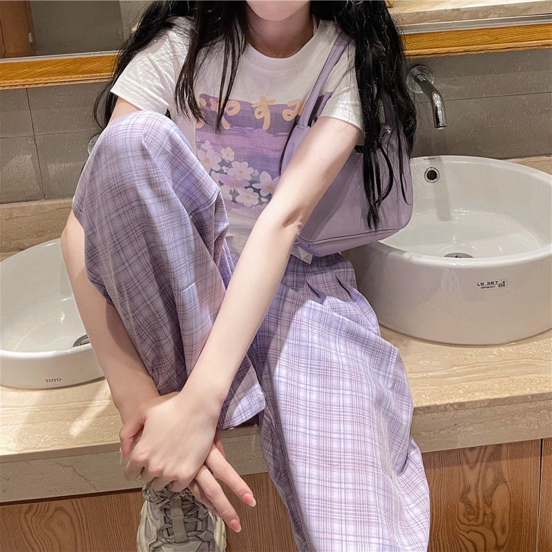 Bộ Áo Tay Lửng In Hoa + Quần ống rộng Thoải Mái Phong Cách Hàn Quốc Cho Nữ