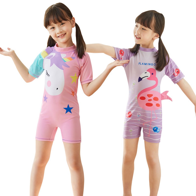 Bộ Đồ Bơi Kèm Nón Màu Tím In Họa Tiết Hồng Hạc / Kỳ Lân Dễ Thương Thời Trang Cho Bé Gái 1-9
