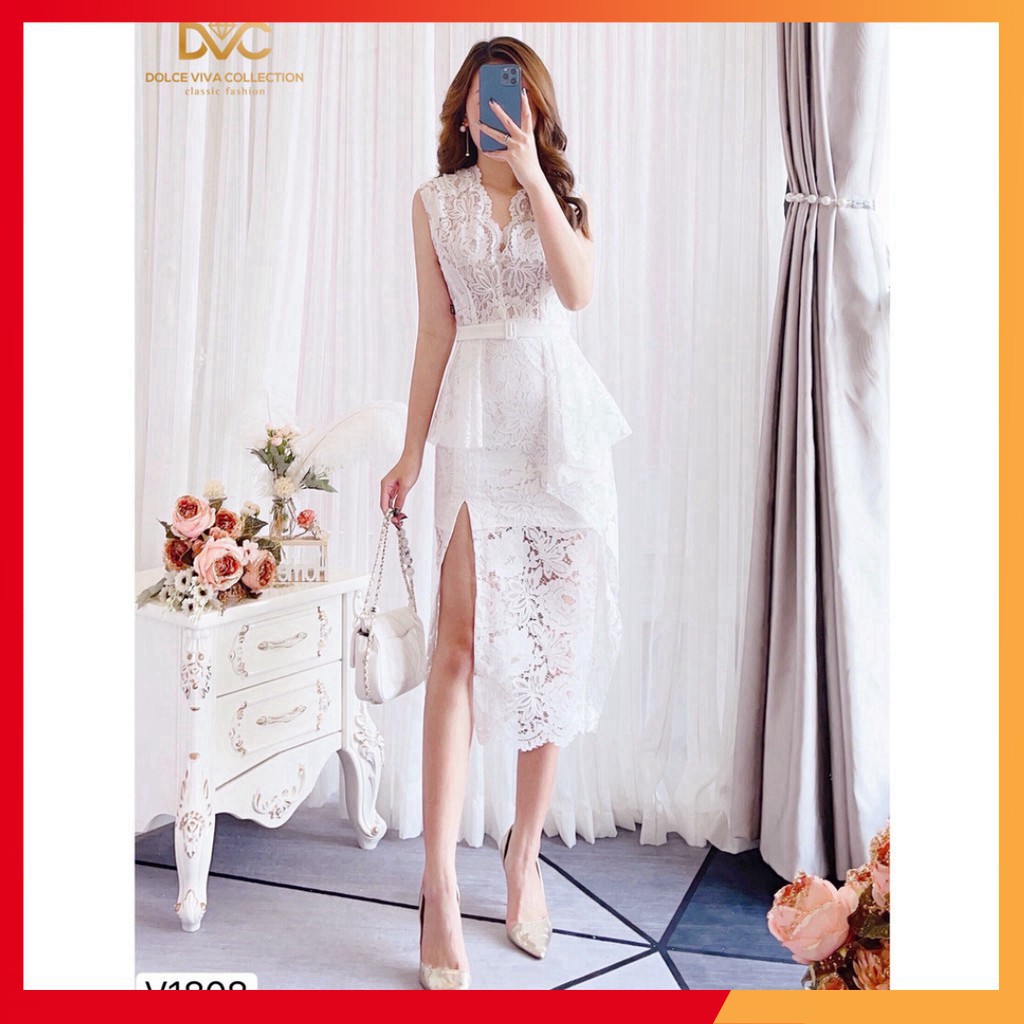 Váy ren trắng xẻ đùi sát nách V1808 - Anlee DVC (Kèm ảnh thật trải sàn do shop tự chụp)