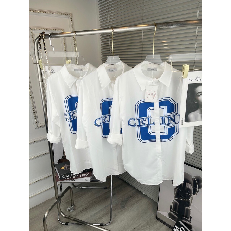 [ ZADOLA FASHION] Áo sơ mi chữ C xanh nữ đẹp kiểu form rộng tay dài hình thêu chất lụa cao cấp màu Trắng