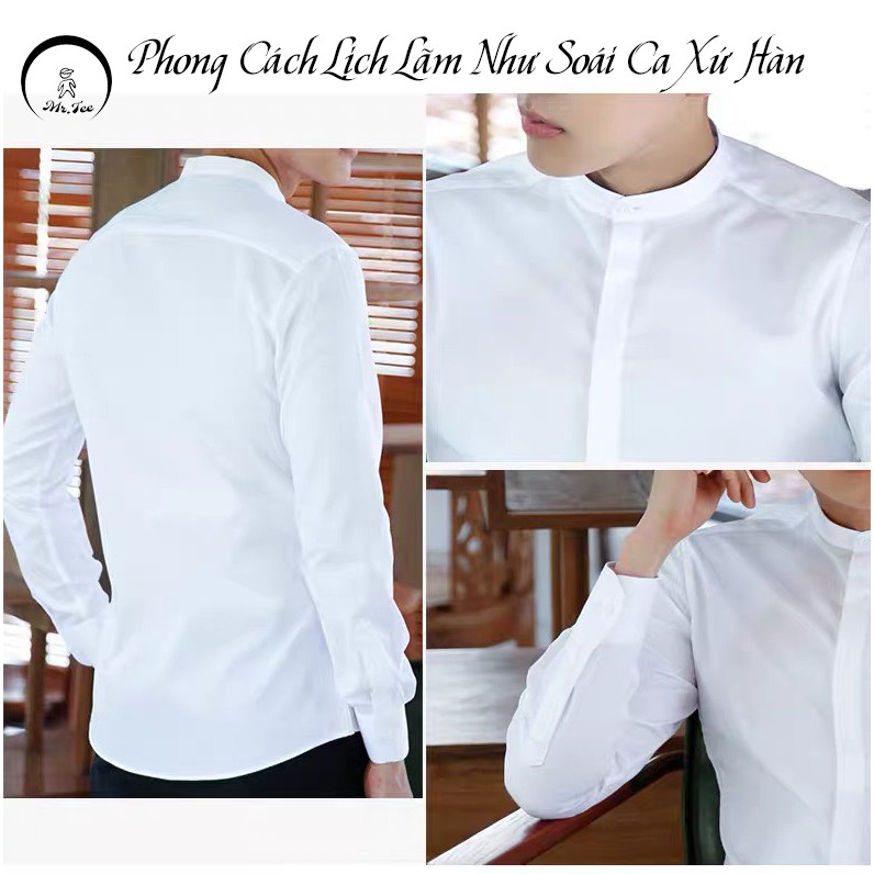 Áo sơ mi nam cổ trụ form rộng trắng dài tay vải lụa mềm mịn kiểu Hàn Quốc | Lee Hoàng Group