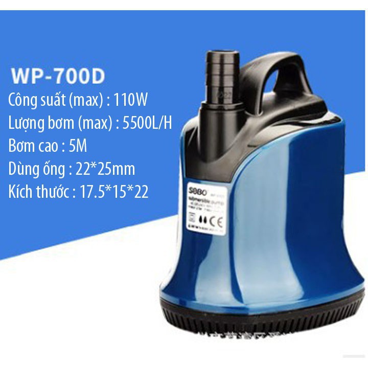 Máy bơm hút cặn đáy hiệu SOBO Wp-700D công suất 110W sử dụng cho hồ cá cảnh, hòn non bộ, Máy bơm chìm hút đáy dùng nguồn