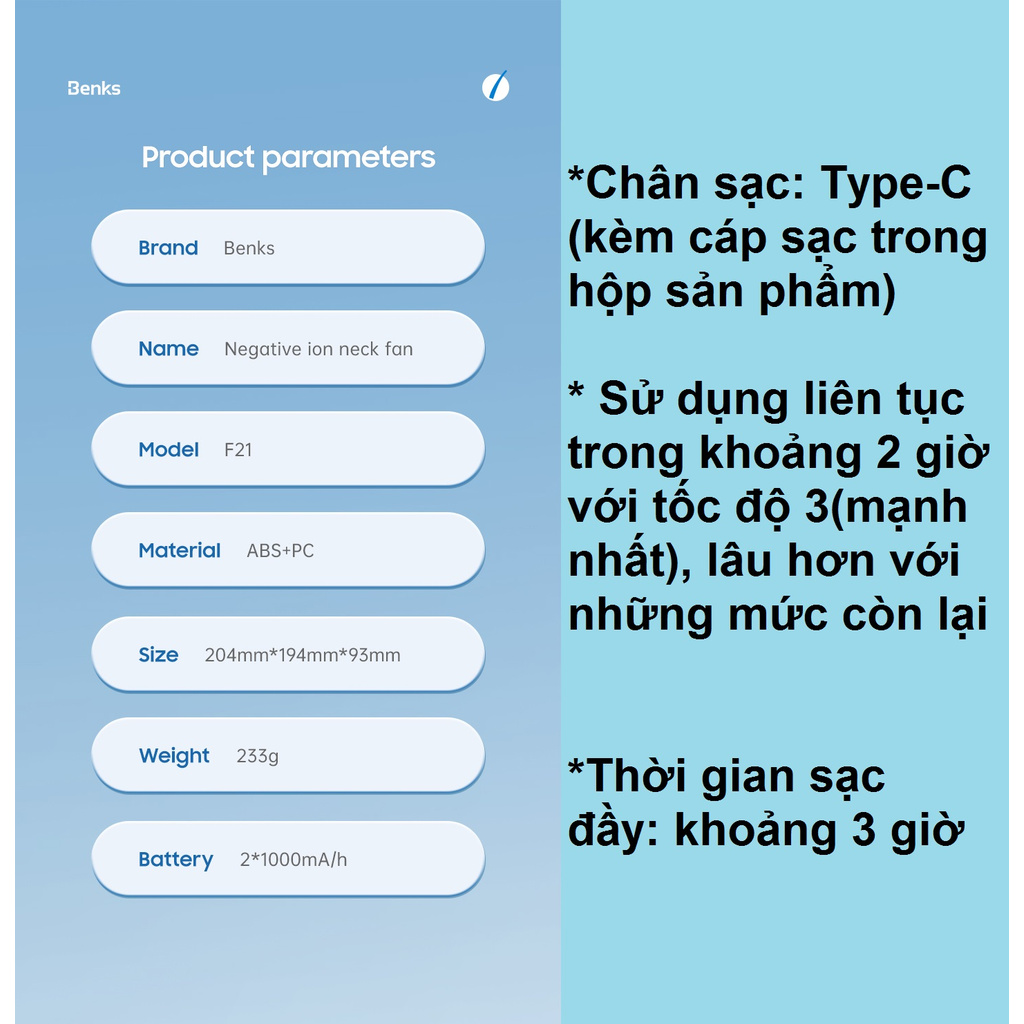 Quạt đeo cổ Benks F21 chức năng ion âm lọc không khí