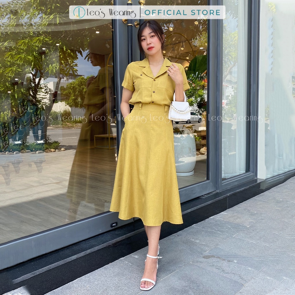 Set chân váy xòe lưng cao dài qua gối mix Áo sơ mi ngắn tay LEOSWEARING T70