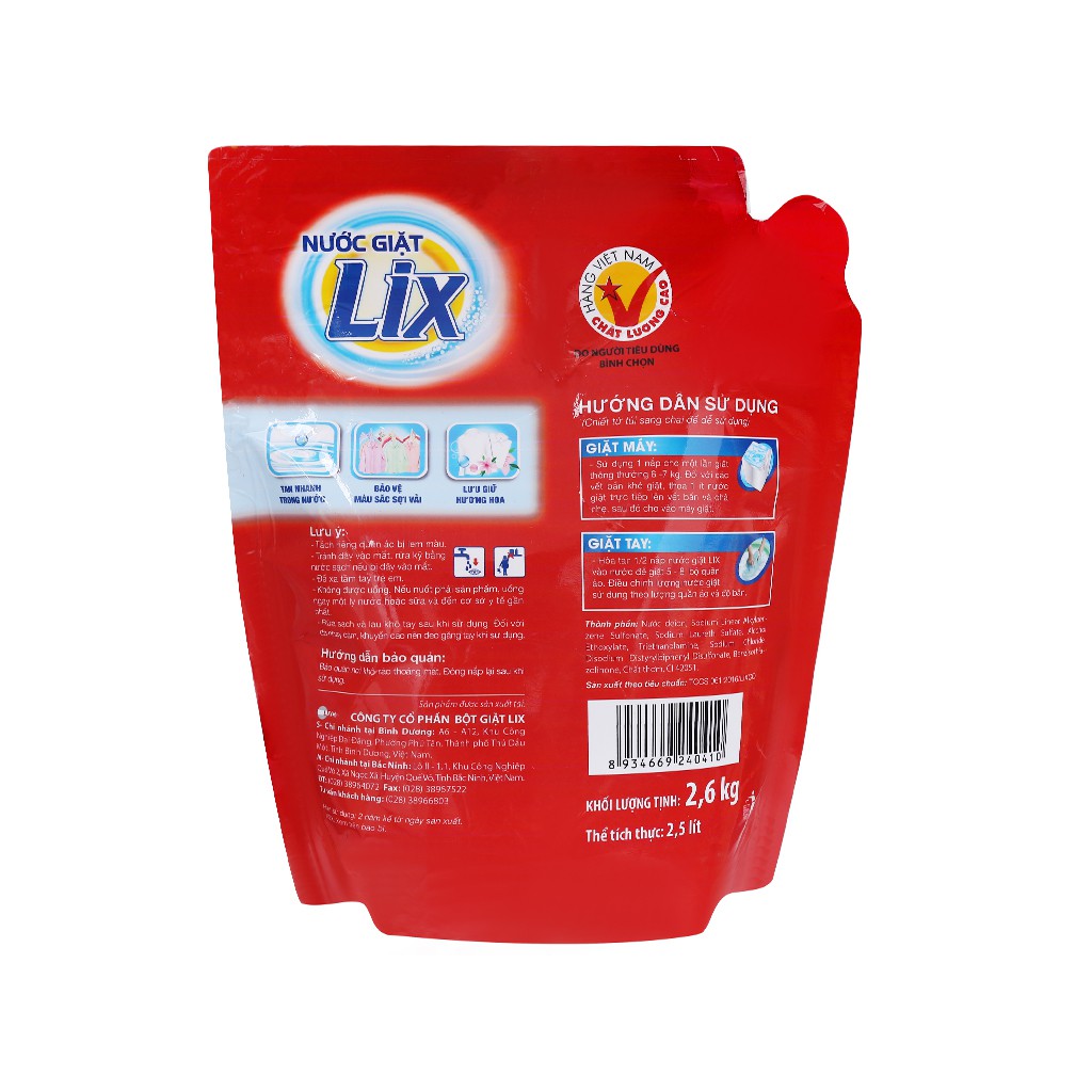 Nước giặt Lix đậm đặc hương hoa túi 2.5 lít