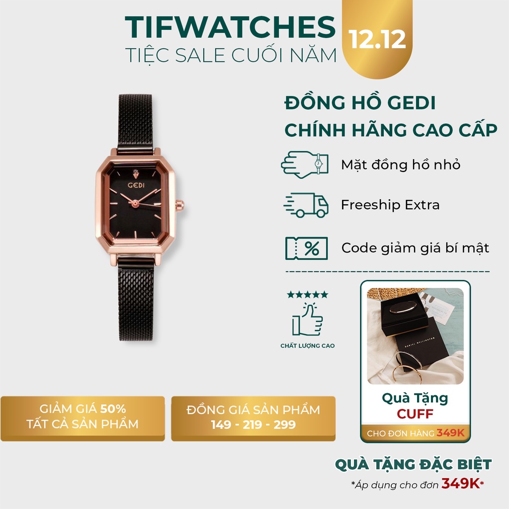 Đồng hồ nữ mặt vuông GEDI full black đồng hồ nữ mặt nhỏ dây kim loại phong cách Hàn Quốc Watchesbytif size 26mm