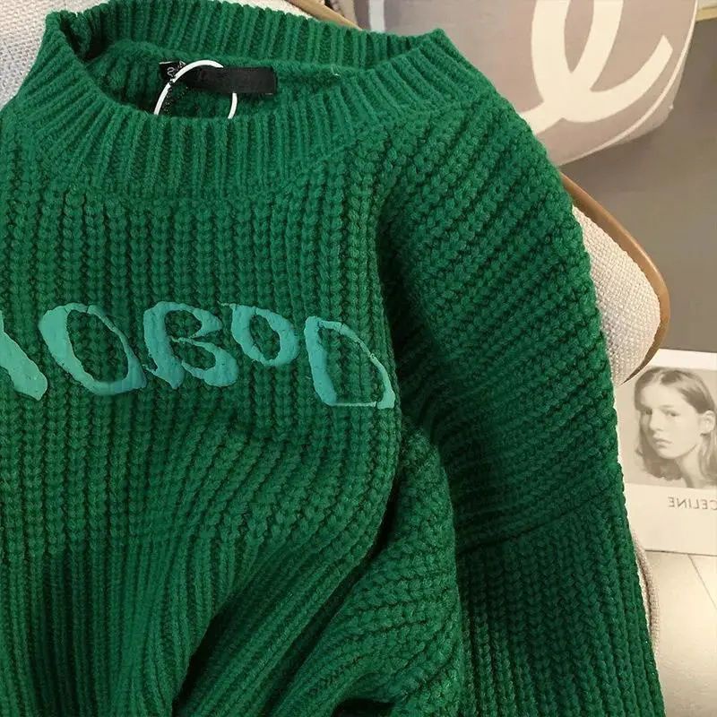 Áo Sweater Dệt Kim Tay Dài Màu Xanh Lá Thời Trang Xuân Thu Dành Cho Nữ