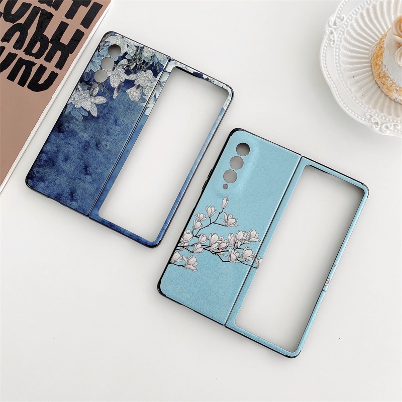 Sang Trọng Bao Da Điện Thoại Pc Cứng Nắp Lật Họa Tiết Hoa Màu Xanh Dương Lấp Lánh Cho Samsung Galaxy Z Fold 3 5g Z Fold2 Fold Zflip Z Flip 3 5g Vỏ