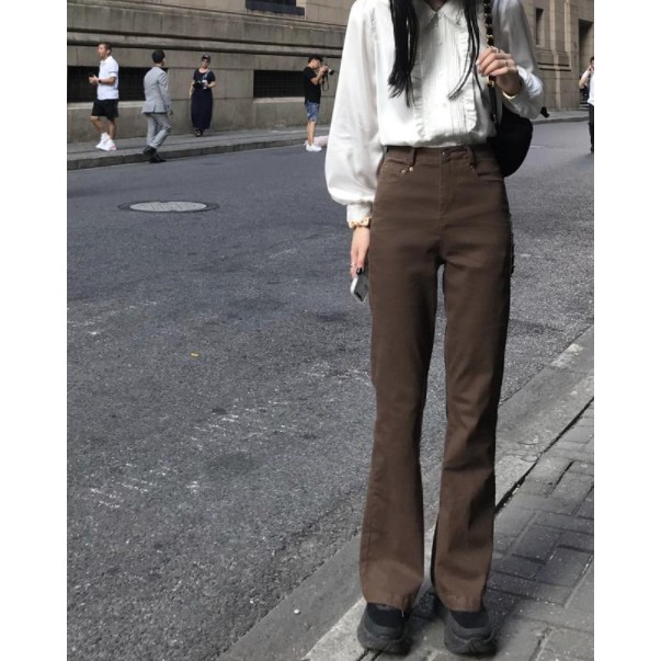Quần Jean Ống Loe Rộng Lưng Cao Màu Nâu Cổ Điển Thời Trang Mùa Xuân Cho Nữ 2021