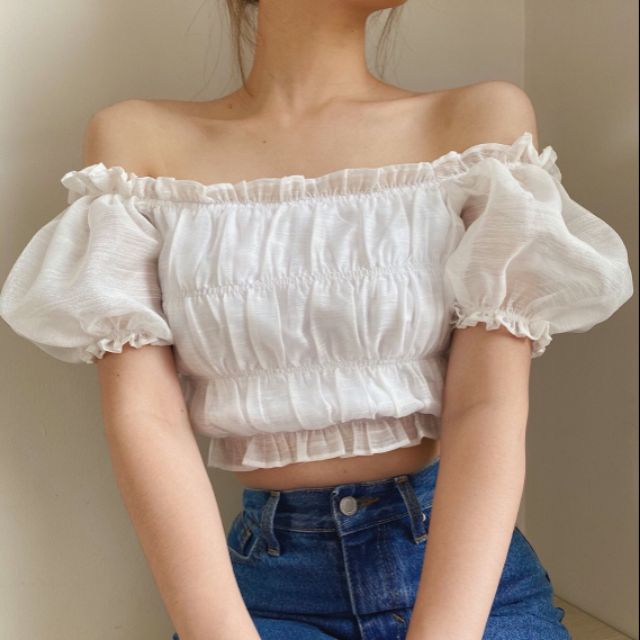 [HÀNG LOẠI 1] Áo Croptop Nhún Ánh Kim Bẹt Vai Tay Bồng