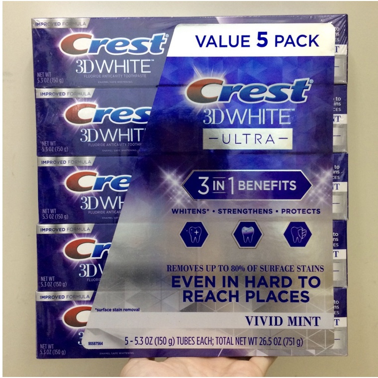 Kem đánh răng Crest 3D White Advanced Whitening 170gr và Vivid Mint 150gr Mỹ - Trắng răng / Chống ê buốt, sạch mảng bám