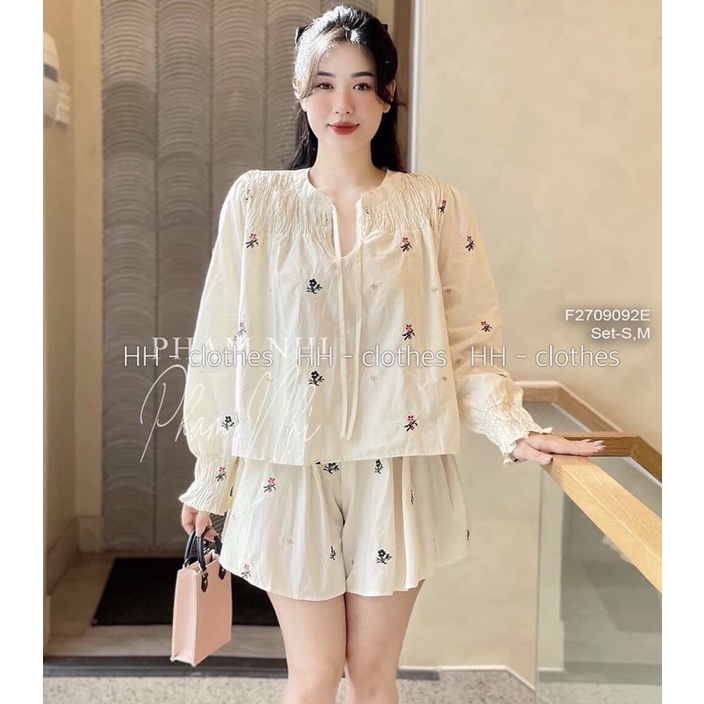 Set thô áo cổ thắt nơ dài tay hoa nhí chun thun kèm quần ngắn TT2709