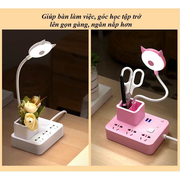 Đèn Học Bảo Vệ Mắt - Đèn Để Bàn Có Ống Đựng Bút Và Ổ Cắm Đa Năng
