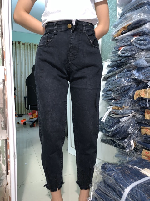 Quần jean nữ 9 tấc big size phom baggy tua lai lưng cao co dãn mạnh màu xám đen rách nhẹ 2984