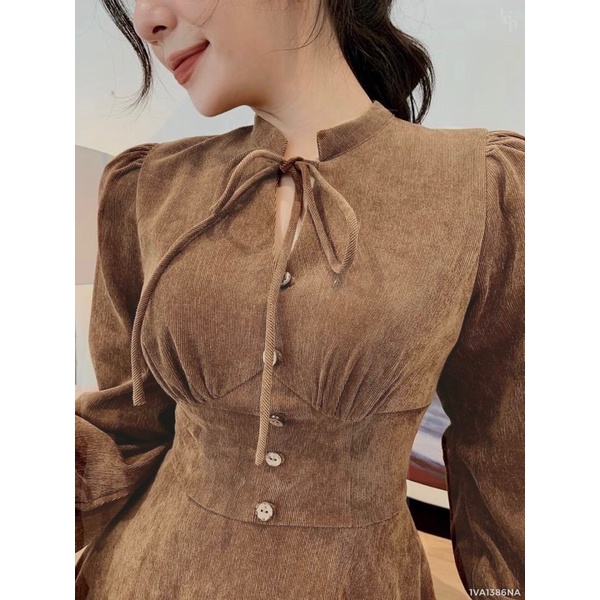 Váy thiết kế nhung tăm cổ có dây nơ dúm ngực dáng xòe tiểu thư | BigBuy360 - bigbuy360.vn