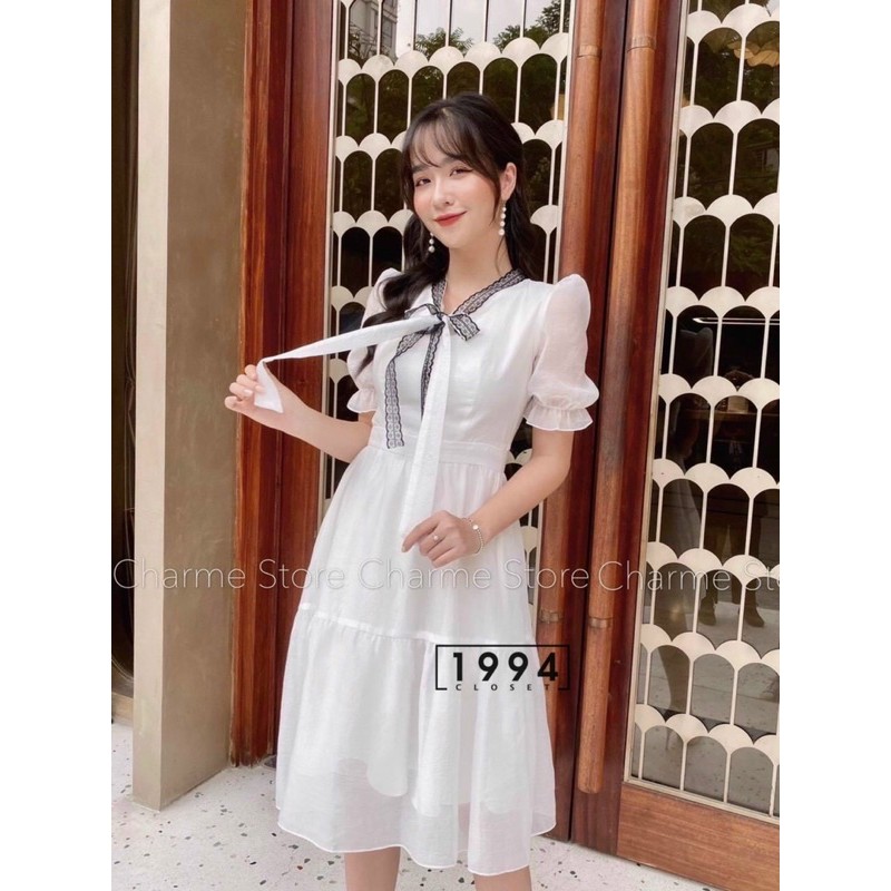 [ VTK88 ] VÁY TRẮNG TK CỔ PHA REN THẮT NƠ