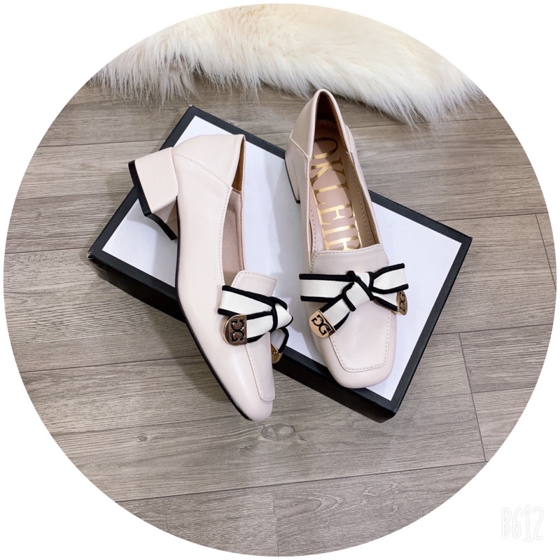 giầy gót trụ 4 p mũi vuông chất da cao cấp phối nơ siêu đẹp êm chân!!!