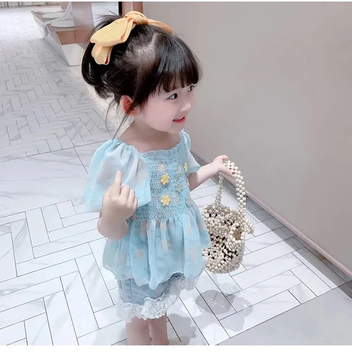 Váy bé gái, đầm bé gái dây nơ lưng tay bồng phong cách phương tây kiểu dáng Hàn Quốc mới 2022