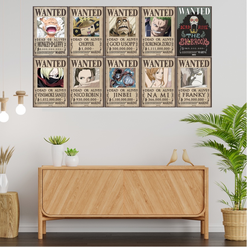 Bộ 10 tấm poster lệnh truy nã one piece, chống nước, poster anime sẵn keo dán tường thiết kế mới siêu đẹp