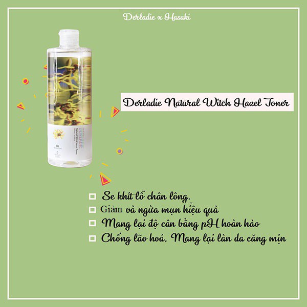 MUA 1 TẶNG 1]Nước Hoa Hồng Dưỡng Ẩm, Dịu Nhẹ Chiết Xuất Cây Phỉ Derladie Natural Witch Hazel Toner 500ml