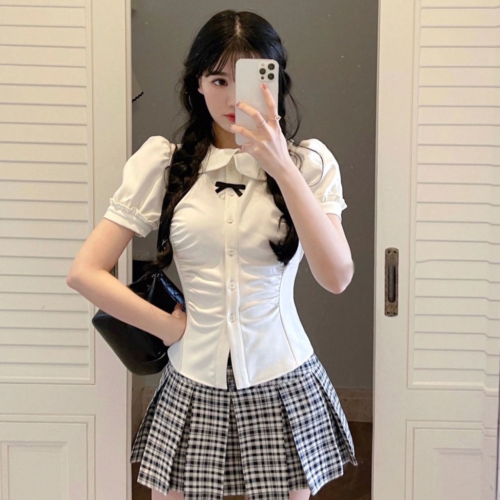 Bộ Đồng Phục Hai Mảnh Gồm Áo Sơ Mi Tay Phồng + Chân Váy Xếp Ly Phong Cách Học Sinh Nhật Bản Thời Trang Mùa Hè Hàng Mới Dành Cho Bạn Nữ 2022