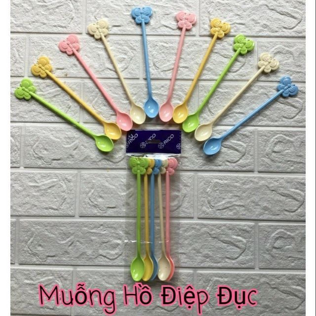 5 muỗng hồ điệp cán dài nhựa hình bươm bướm sinh tố trà sữa cà phê cocktail - Butterfly spoon