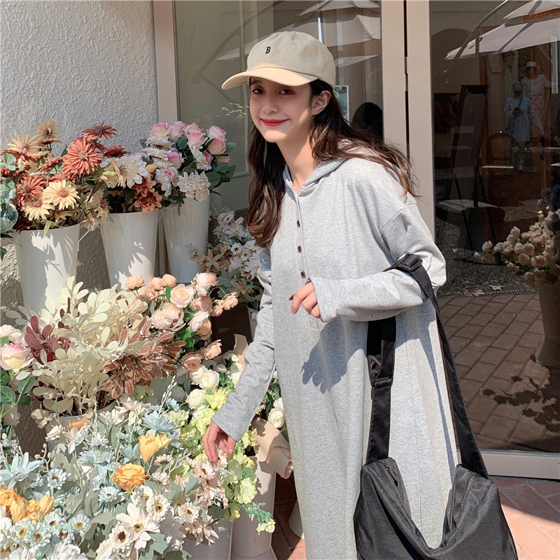 SUXI Đầm hoodie dài tay phong cách vintage Hàn Quốc cho nữ