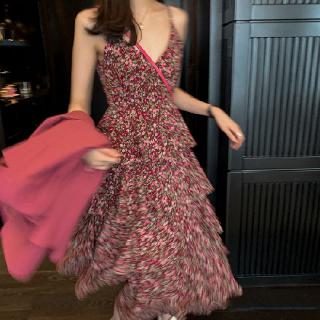 Đầm voan hoa nhí hai dây xếp tầng nữ tính