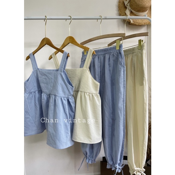 Bộ đồ nữ cổ vuông quần dáng lỡ chất đũi 2 dây vuông | BigBuy360 - bigbuy360.vn