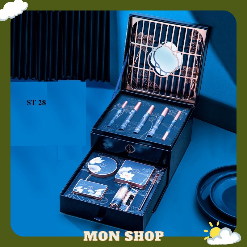 Set trang điểm 10 món 2 tầng họa tiết hoa sen hồng - ST 28