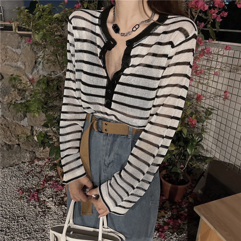 Áo Sơ Mi Mỏng Dáng Rộng Kẻ Sọc Trắng Đen Thời Trang Mùa Hè Cho Nữ