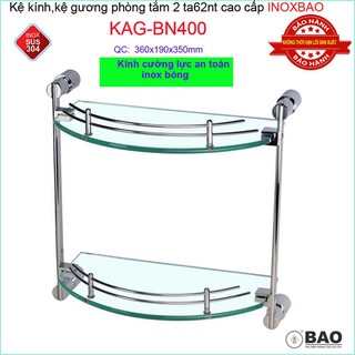 Kệ kính phòng tắm 2 tầng inox bảo kag-bn400, kệ kiếng cường lực đế tròn sus304 đúc đặc thiết kế đẹp siêu bền 36cm x 35cm