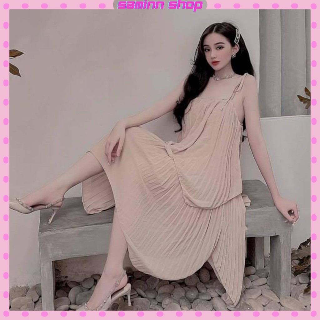 Đầm maxi đi biển hở lưng hai lớp đầm dáng xòe xẻ tà, váy 2 dây dáng dài body babydoll đi biển SS26