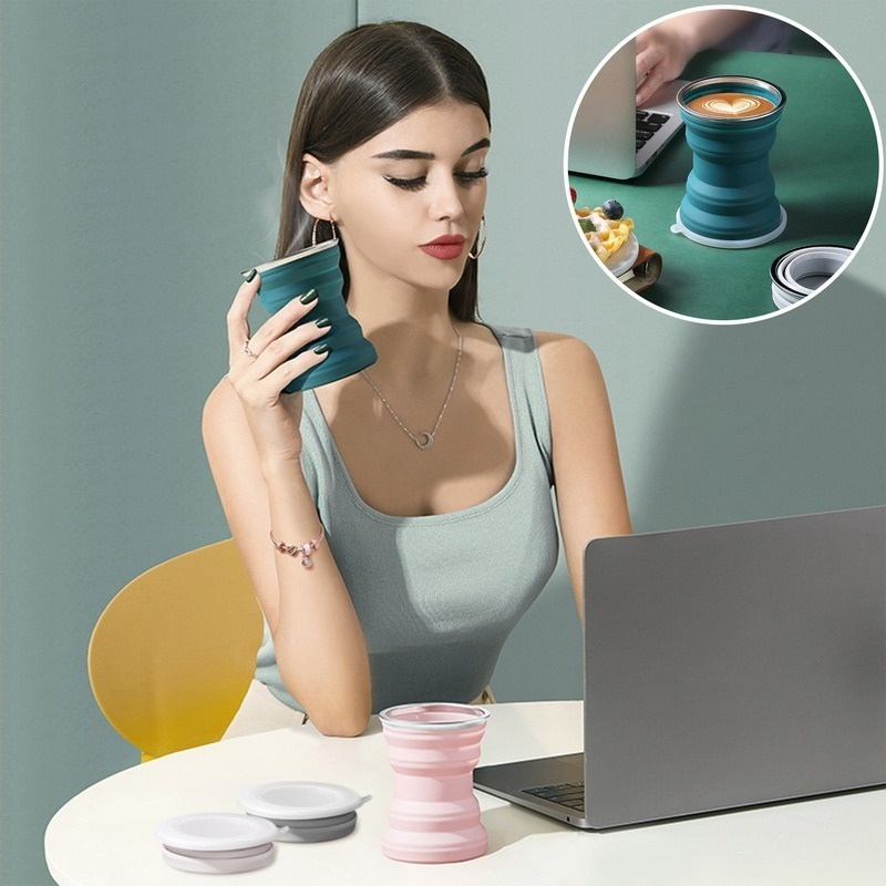 Cốc Silicone Dày Dạng Gập Cách Nhiệt Có Nắp Đậy Sáng Tạo Cho Hoạt Động Ngoài Trời