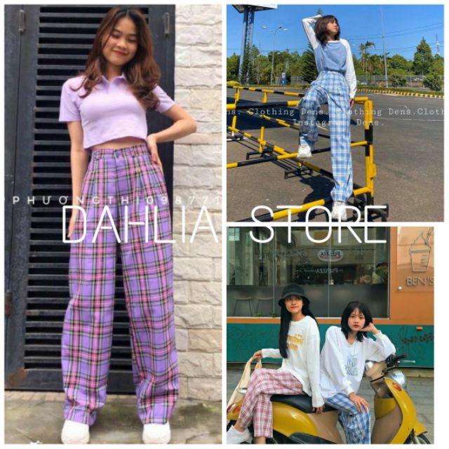 Quần cul ống rộng kẻ sọc caro cạp cao cúc giả - quần ống sớ kẻ caro nữ | BigBuy360 - bigbuy360.vn