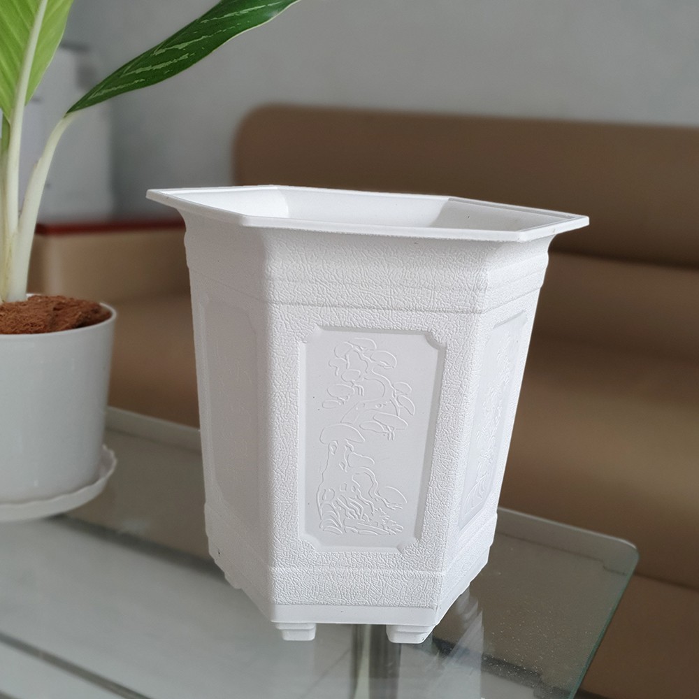 Bộ 02 chậu hoa lục giác cao khắc hoa 22x24cm