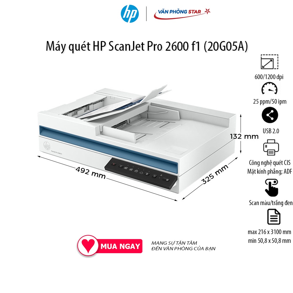 Máy quét HP ScanJet Pro 2600 f1 (20G05A) ADF; Công nghệ quét CIS; Mặt kính phẳng; Lên đến 25 ppm/50 ipm 1200 x 1200 dpi