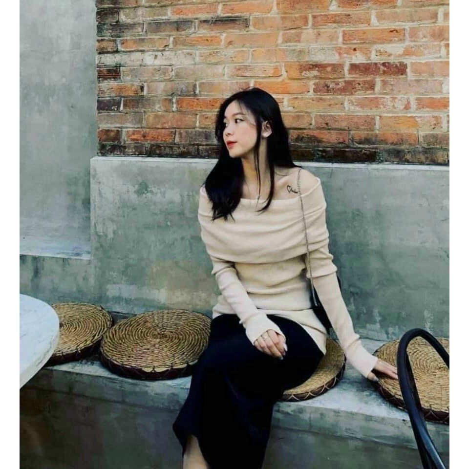 Áo thun tăm nữ tiểu thư trễ vai vintage siêu xinh, áo kiểu nữ dài tay thu đông rẻ đẹp trẻ trung