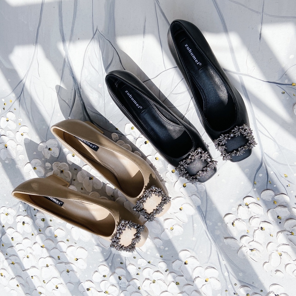 Giày Cao Gót Nữ Mũi Tròn, Giày Cao Gót 5 Phân, Charm Đá Vuông, Kiểu Dáng Công Sở Basic_DA723