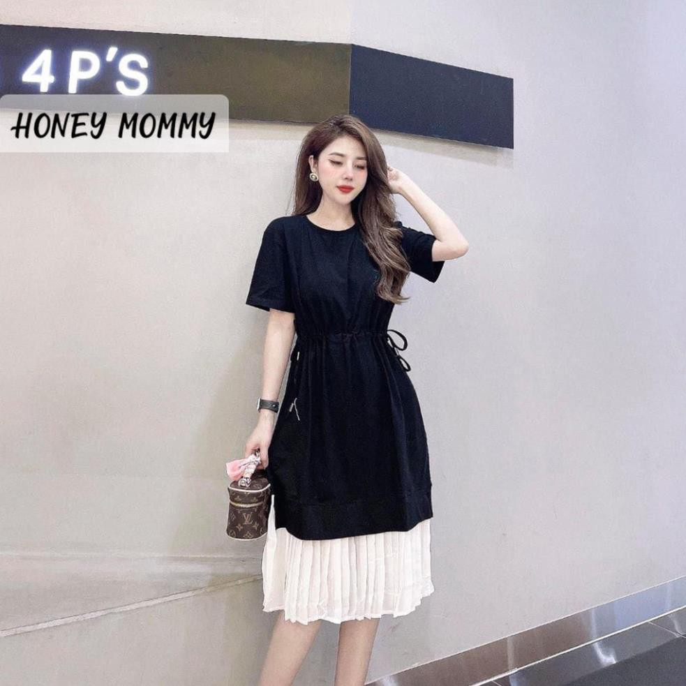 Váy Bầu Hè Cộc Tay Chất Thun Cotton Dây Rút Eo Phối Chân Váy Trắng HD2632 Honey Mommy Đầm Bầu Công Sở Đi Làm Đi Chơi  ཾ