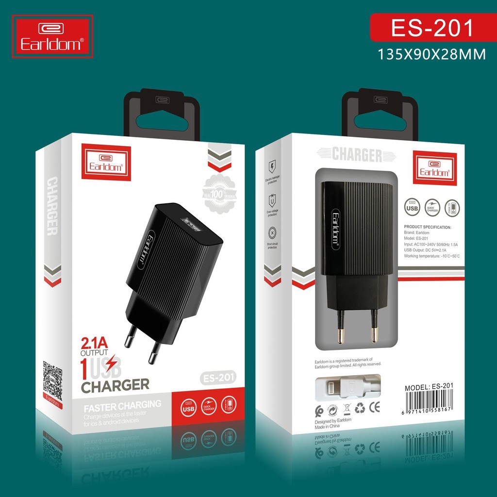 Sạc Nhanh Điện Thoại Củ Sạc Nhanh Earldom ES-201 Cổng USB 2.1A Hỗ Trợ Sạc Nhanh