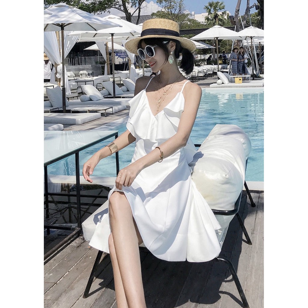 Đầm Trắng Xòe Đi Biển Hai Dây Đan Lưng Có Lót Trong - DX985 | BigBuy360 - bigbuy360.vn