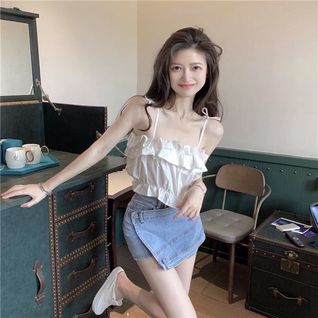 Áo Hai Dây Croptop Suông Tầng Bánh Bèo Vai Buộc Nơ - Áo 2 Dây Nữ Chun Eo Dúm Ngực Ulzzang