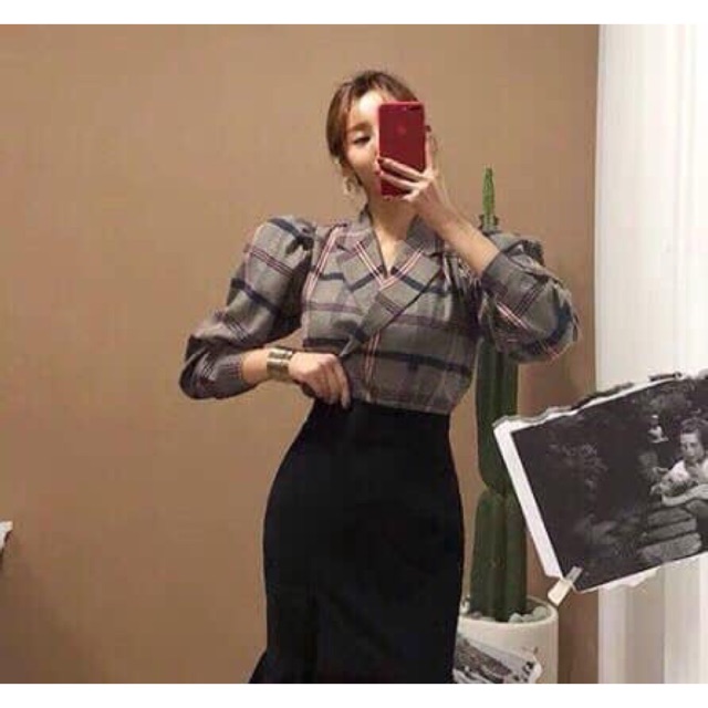 sơ mi kẻ tay bồng korea Qc