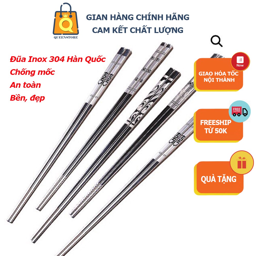 Set 5 Đôi Đũa Inox 304 Hàn Quốc Cao Cấp Trống Trơn Không Mốc Không Sơn An Toàn Cầm Chắc Tay Có Hoa Văn